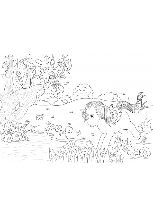 Une feuille de coloriage facile et simple de Petit poney dans la forêt imprimable gratuitement