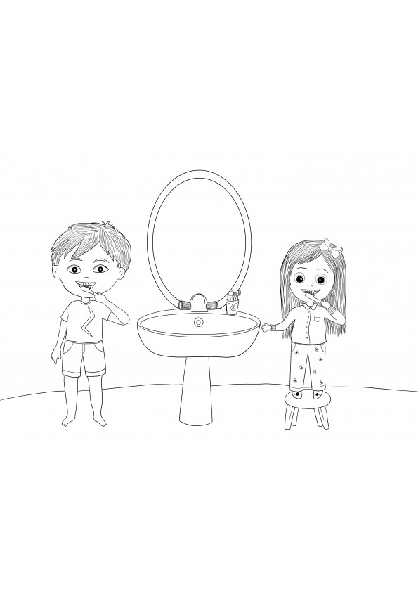 Children Brushing Teeth coloring page for kids to print for free