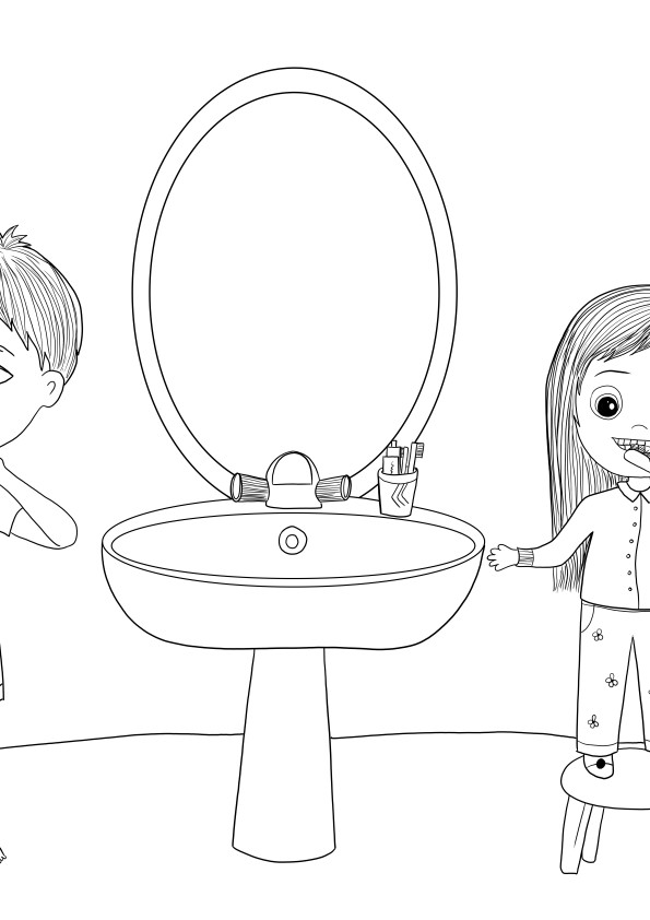 Children Brushing Teeth coloring page for kids to print for free