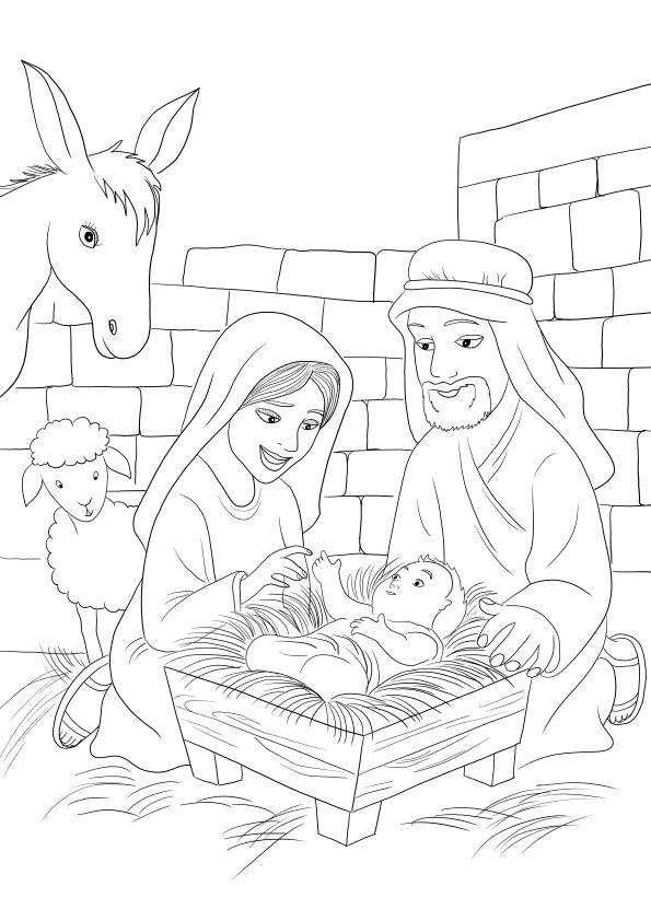 Jeesus-vauva-äiti Maria-Joseph ja eläimet värityspaperi ilmainen tulostettava