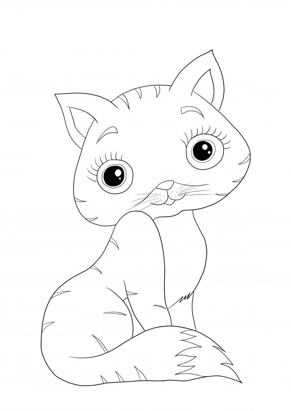 Çocuklar için yazdırmak ve boyamak için ücretsiz iri gözlü sevimli bir kedi yavrusu