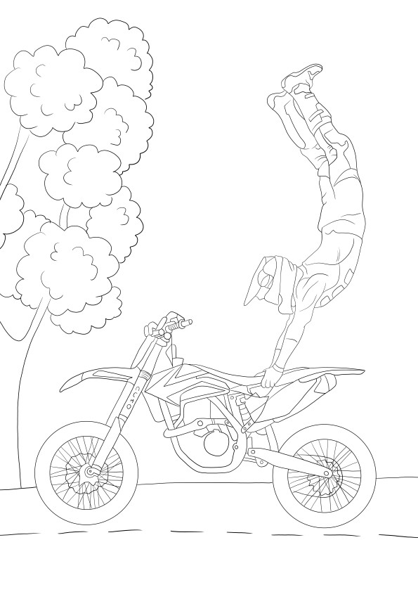 Desenho legal de uma moto e o motorista saltitante para imprimir e colorir grátis