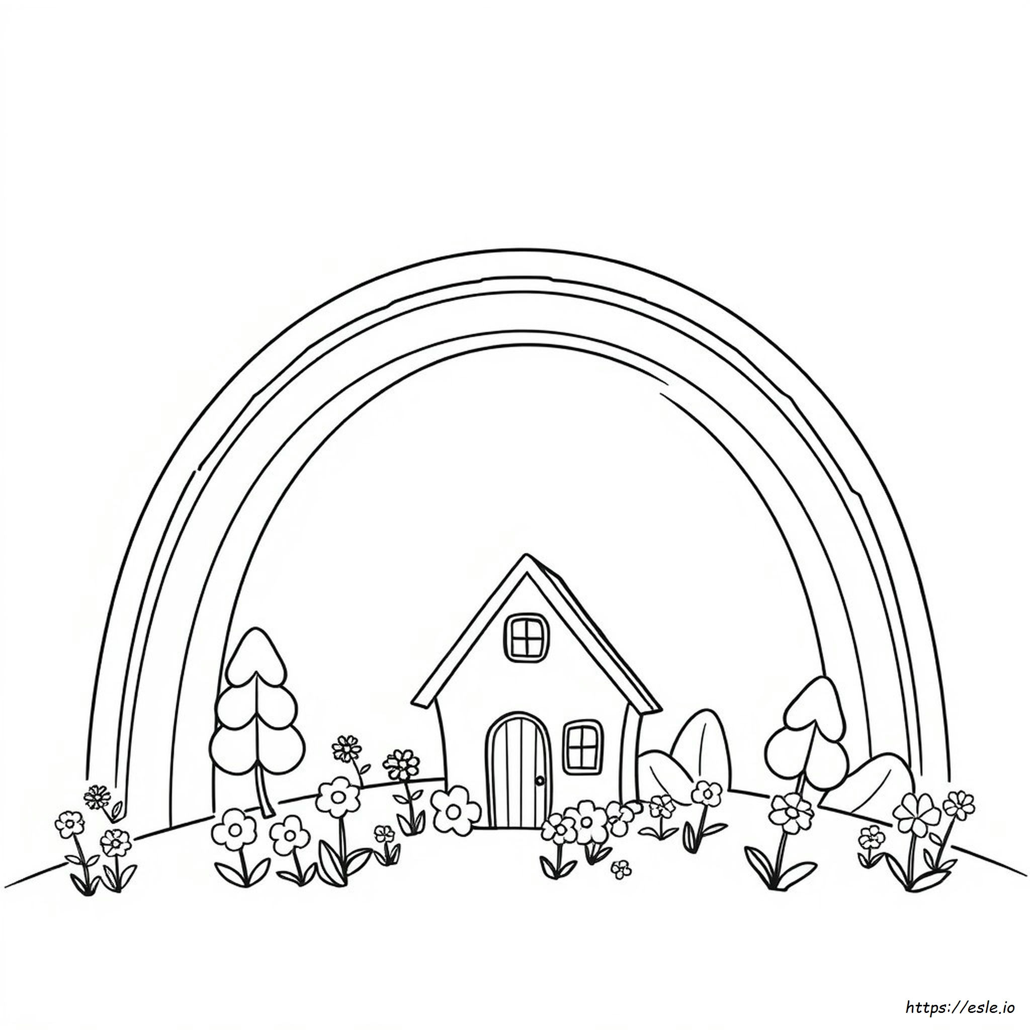 Rainbow With House Coloring Page