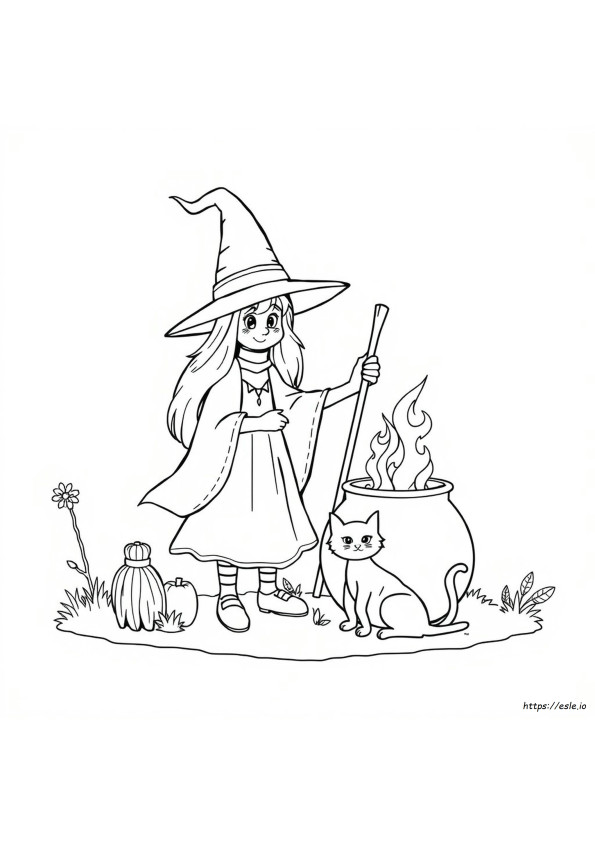 Witch With Cat Coloring Page