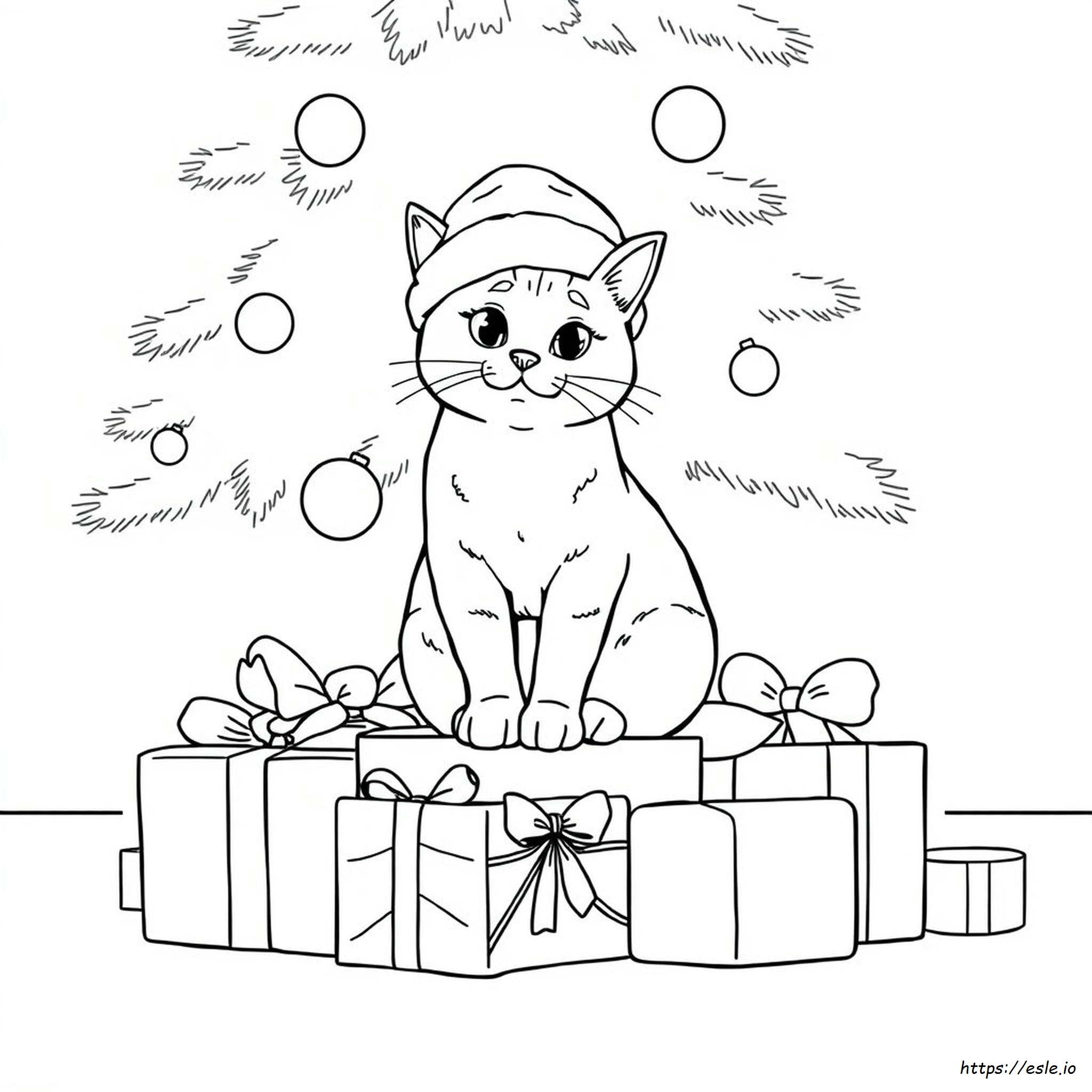 サンタ帽をかぶった猫のぬりえ