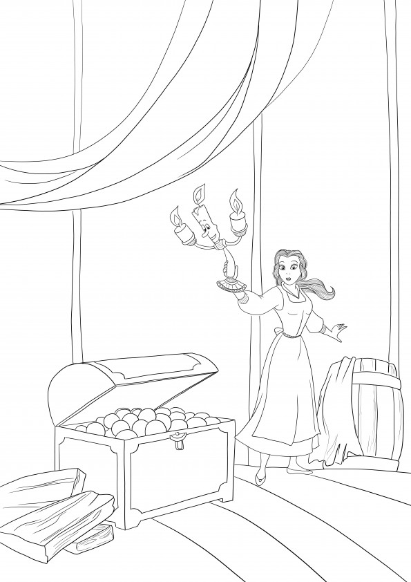 Free Disney princess printable ready-to-color Princess Belle in the attic.