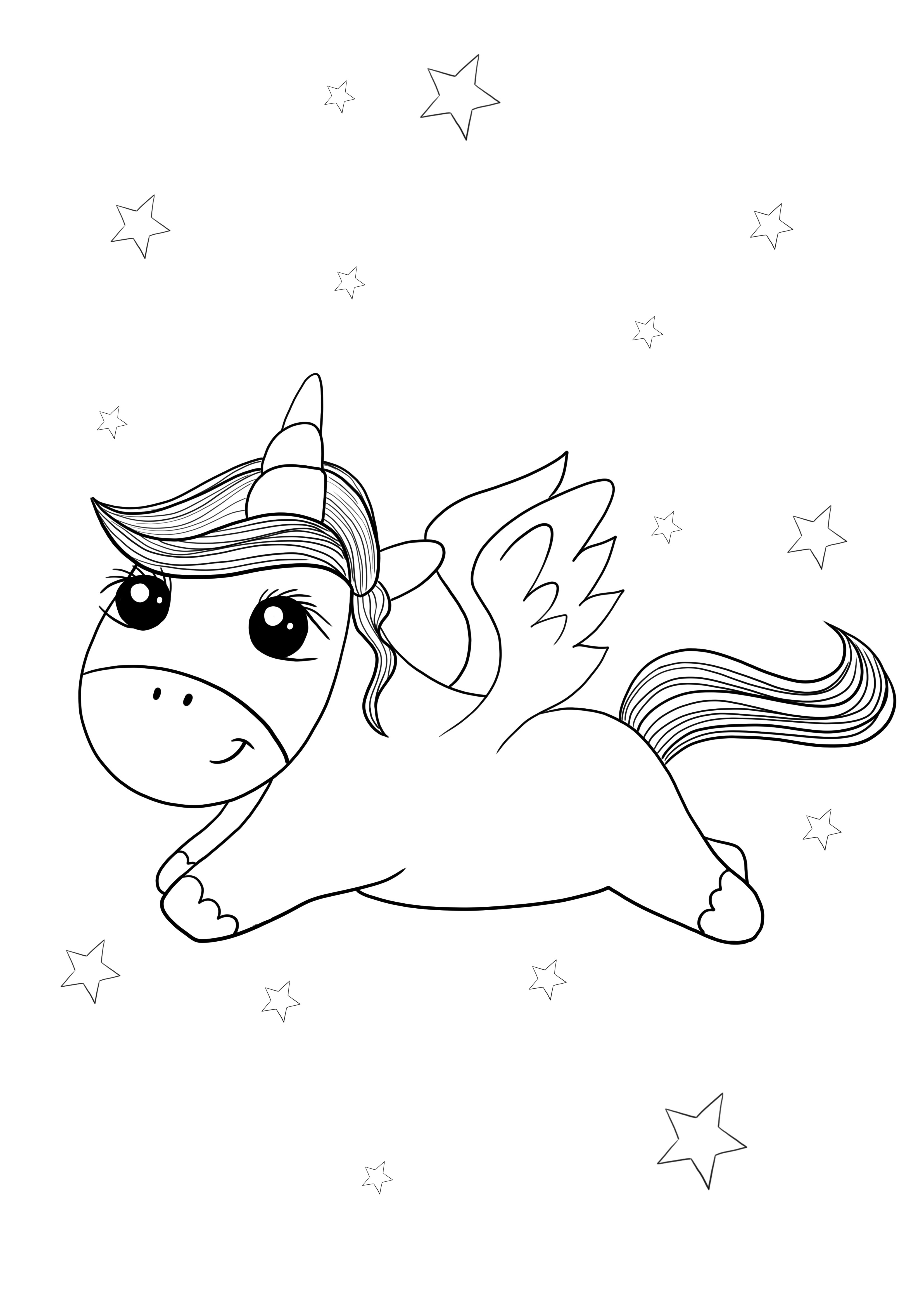Un unicorno Pegasus che vola sopra il cielo in omaggio da stampare o salvare per dopo