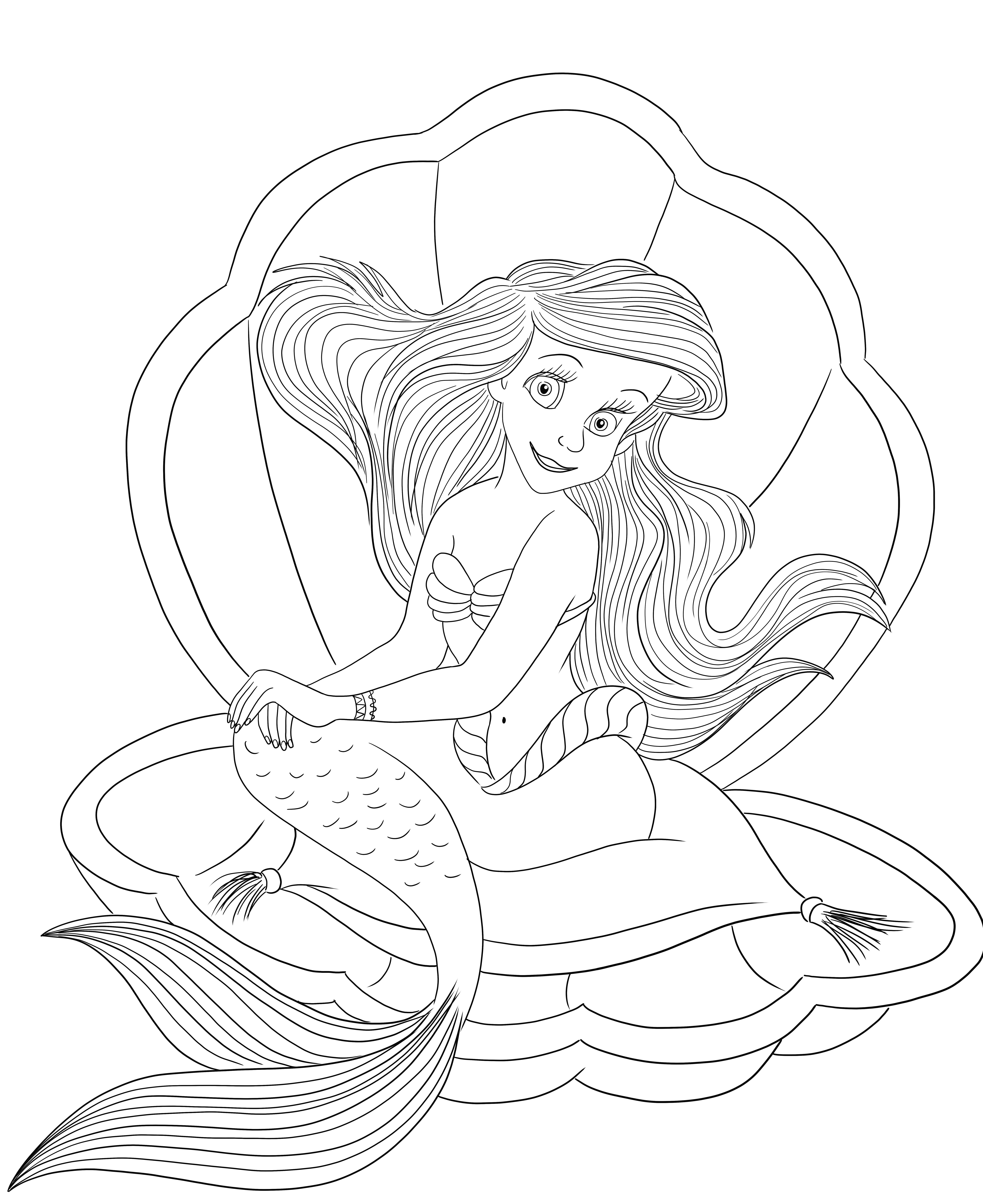Cockle Shell'deki Güzel Ariel, renkli sayfalara ücretsiz yazdırılabilir