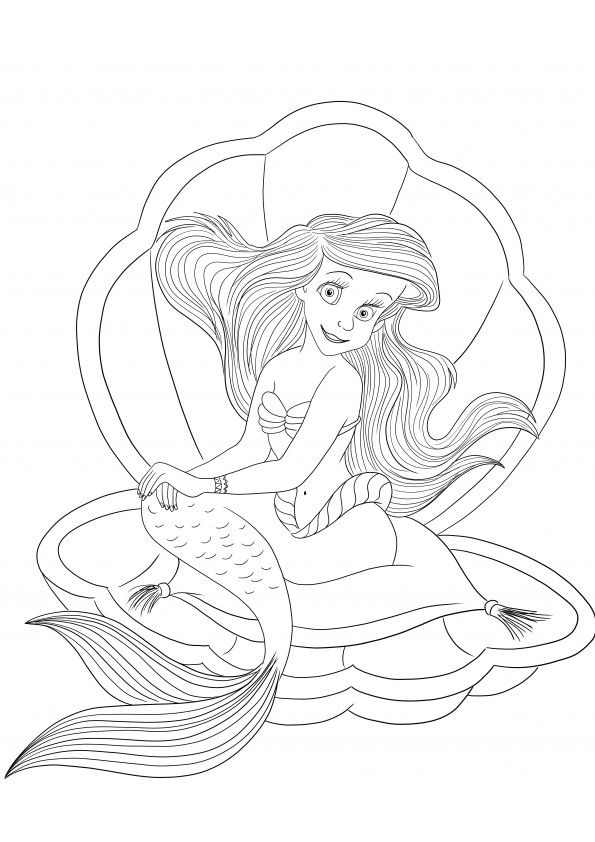 Beautiful Ariel in a Cockle Shell free printable to color sheet
