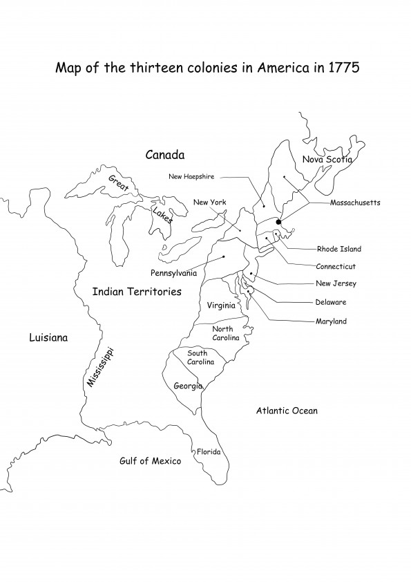 13 Colonies Map-an educational coloring sheet free-to-print for kids to learn about the history