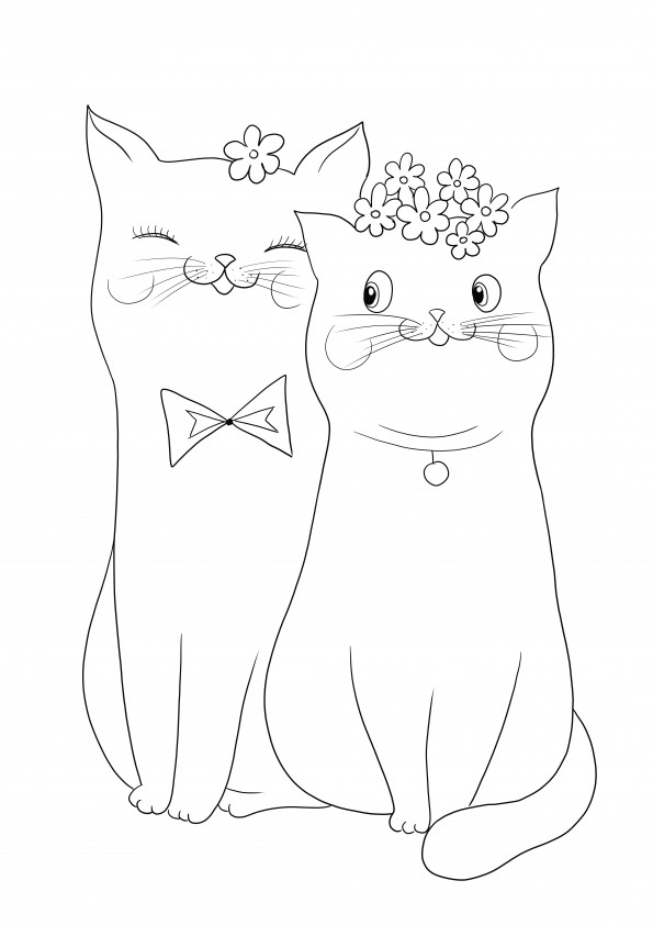 Dois gatos fofos apaixonados são gratuitos para colorir e baixar a folha