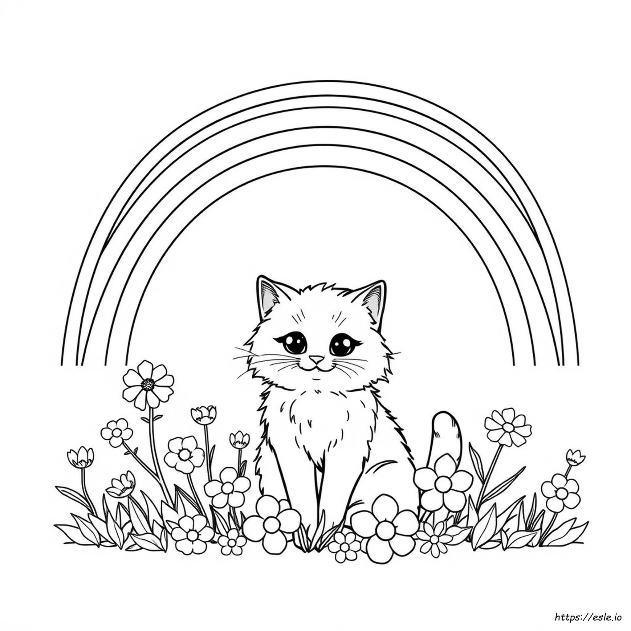 Cat Coloring Page With Rainbow