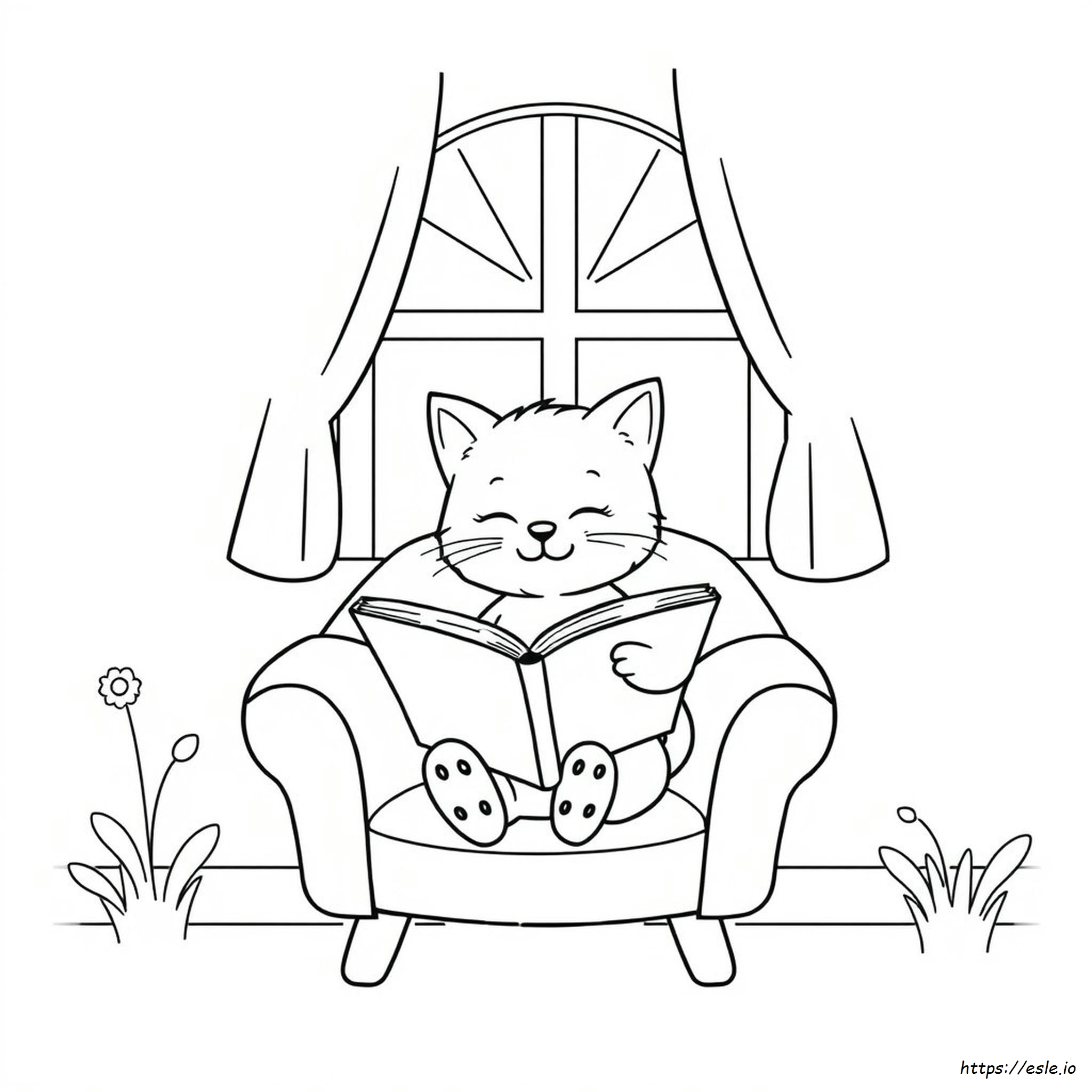 Cat Reading A Book Coloring Page