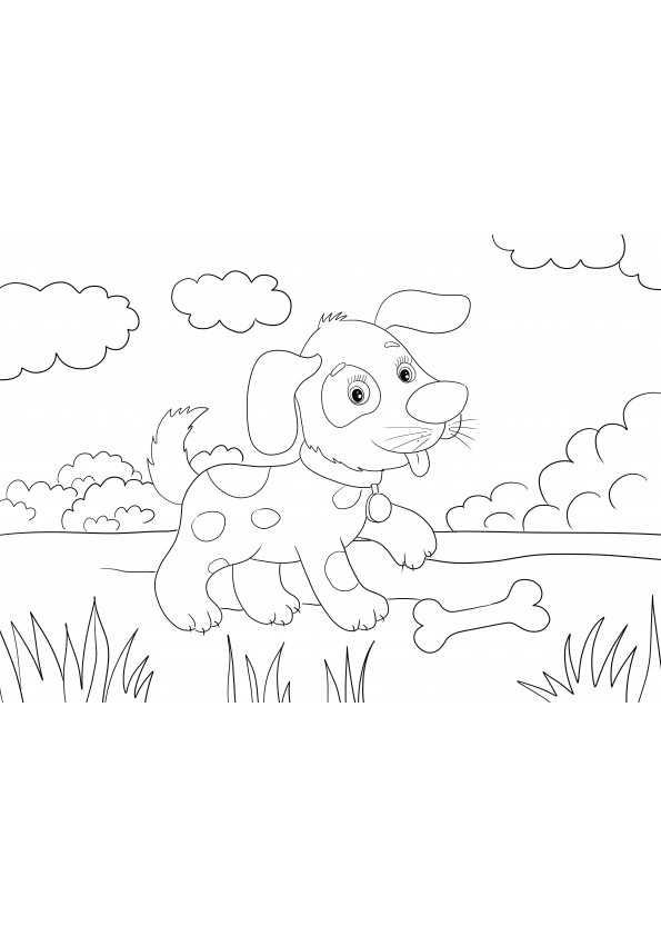 Cute little dog licking a bone-free printable coloring sheet for kids