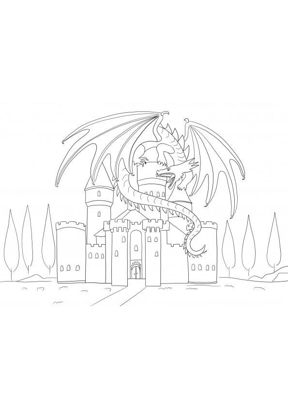 Dragon and Castle está pronto para imprimir e colorir para crianças
