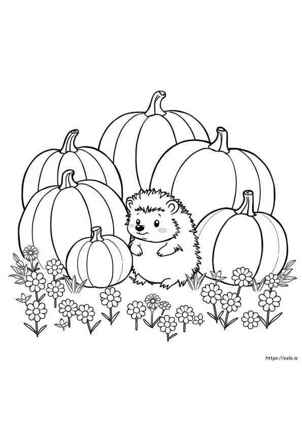 Coloriage Hérisson Citrouilles Fleurs
