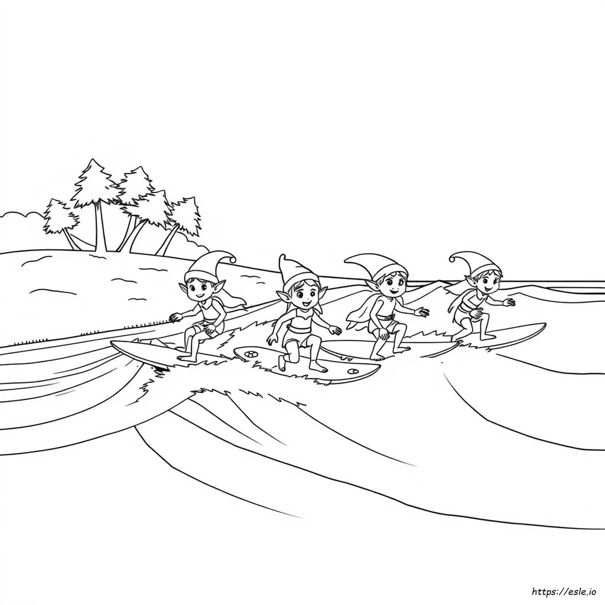 Elves Surfing Coloring Page