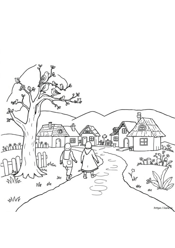 村の風景ぬりえ