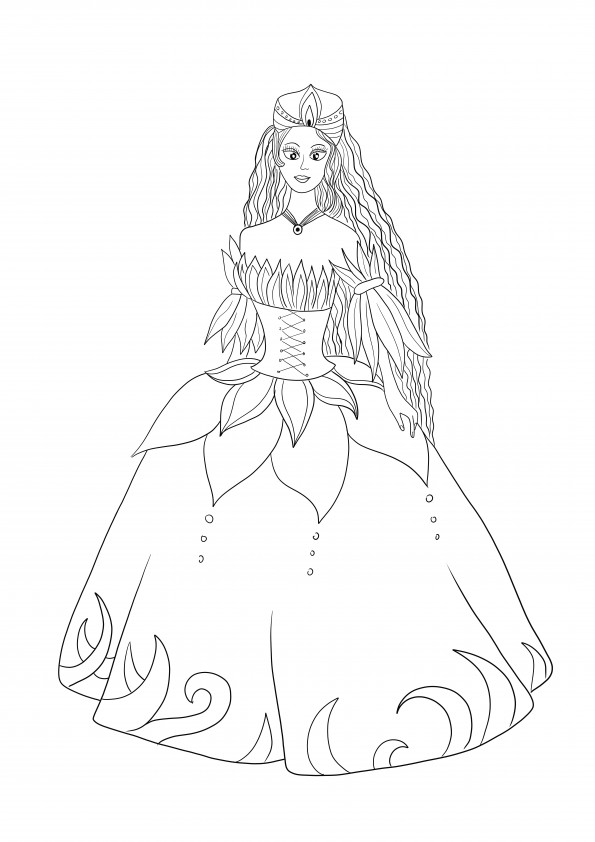 Imagen para colorear de Princesa con vestido de flores gratis para descargar o imprimir