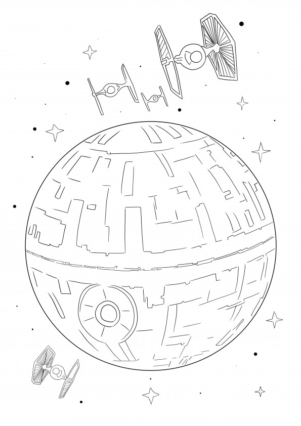 Free coloring sheet of Death Star and Tie Fighters to download or print
