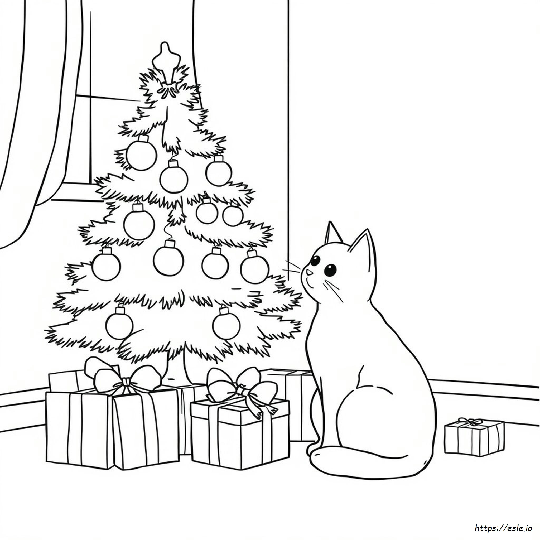 Cat With Christmas Tree Coloring Page