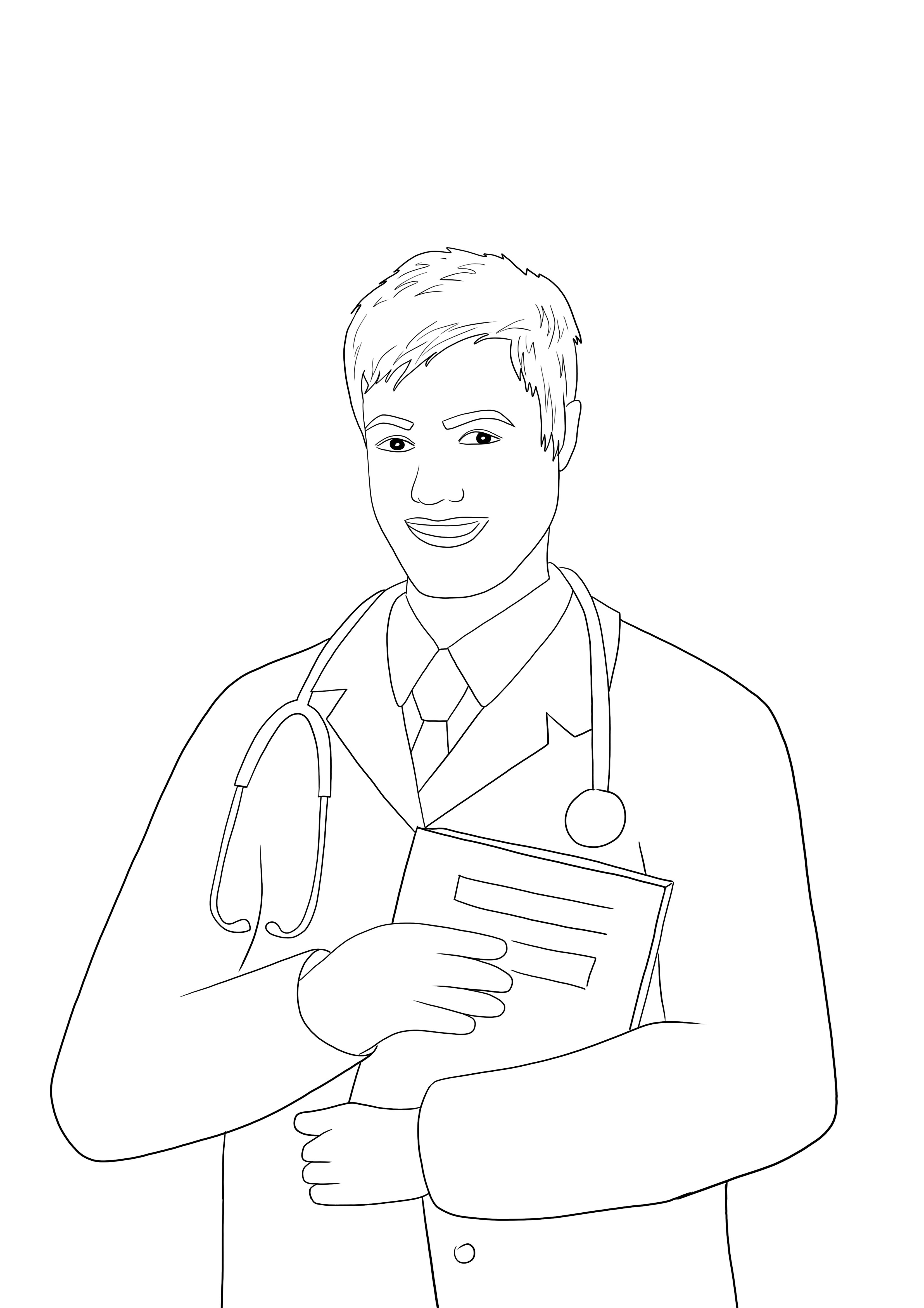 Una imagen para colorear imprimible gratis de un hombre médico para enseñar sobre profesiones