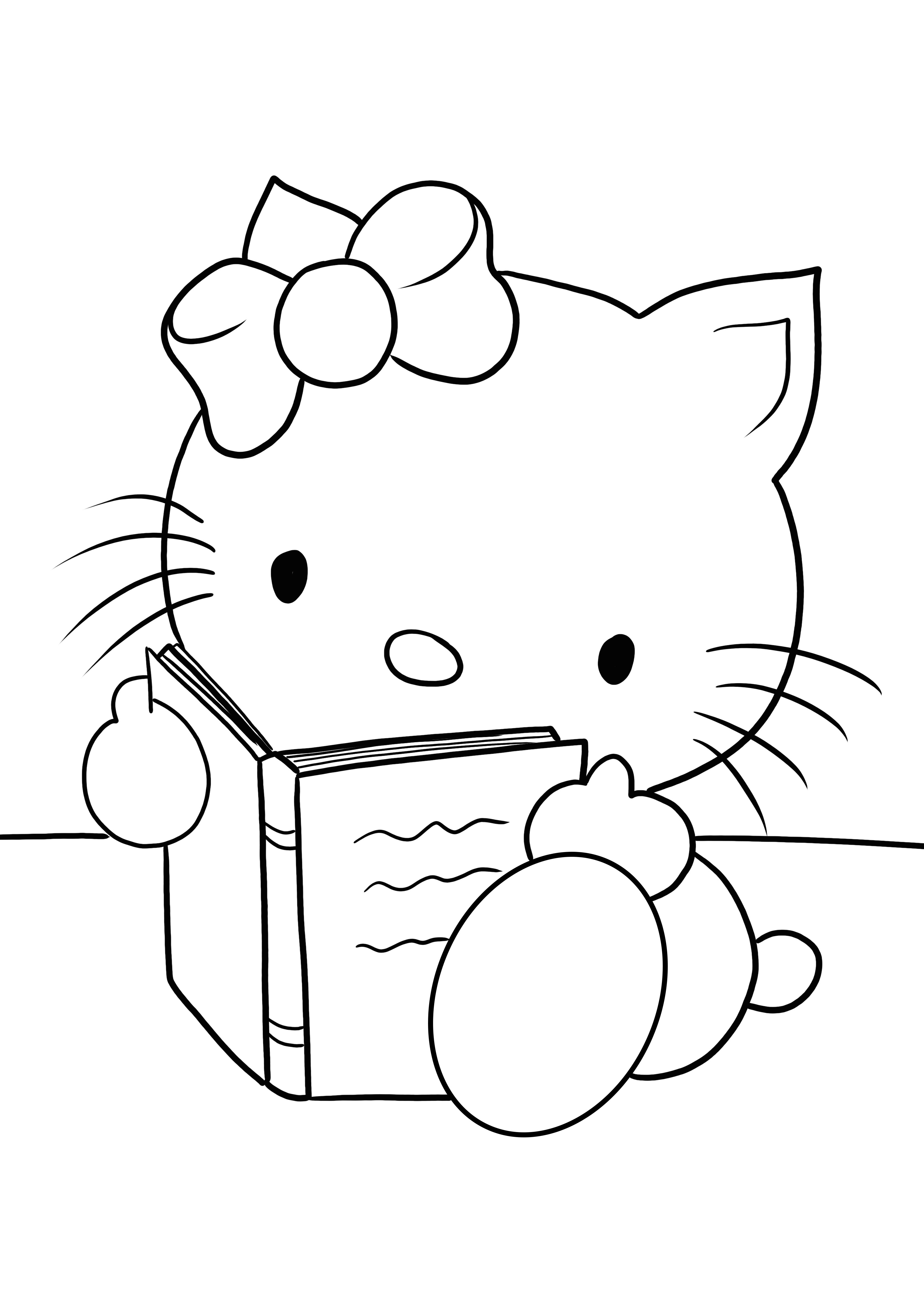 Hello Kitty sedang membaca halaman mewarnai buku untuk digunakan gratis oleh anak-anak