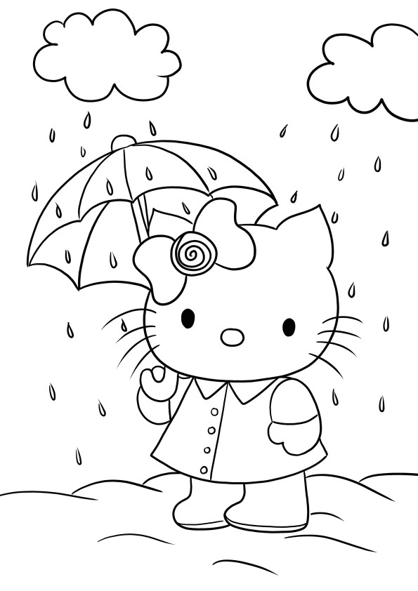 Hello Kitty on sateenvarjon alla valmis tulostamaan ja värittämään kuvan