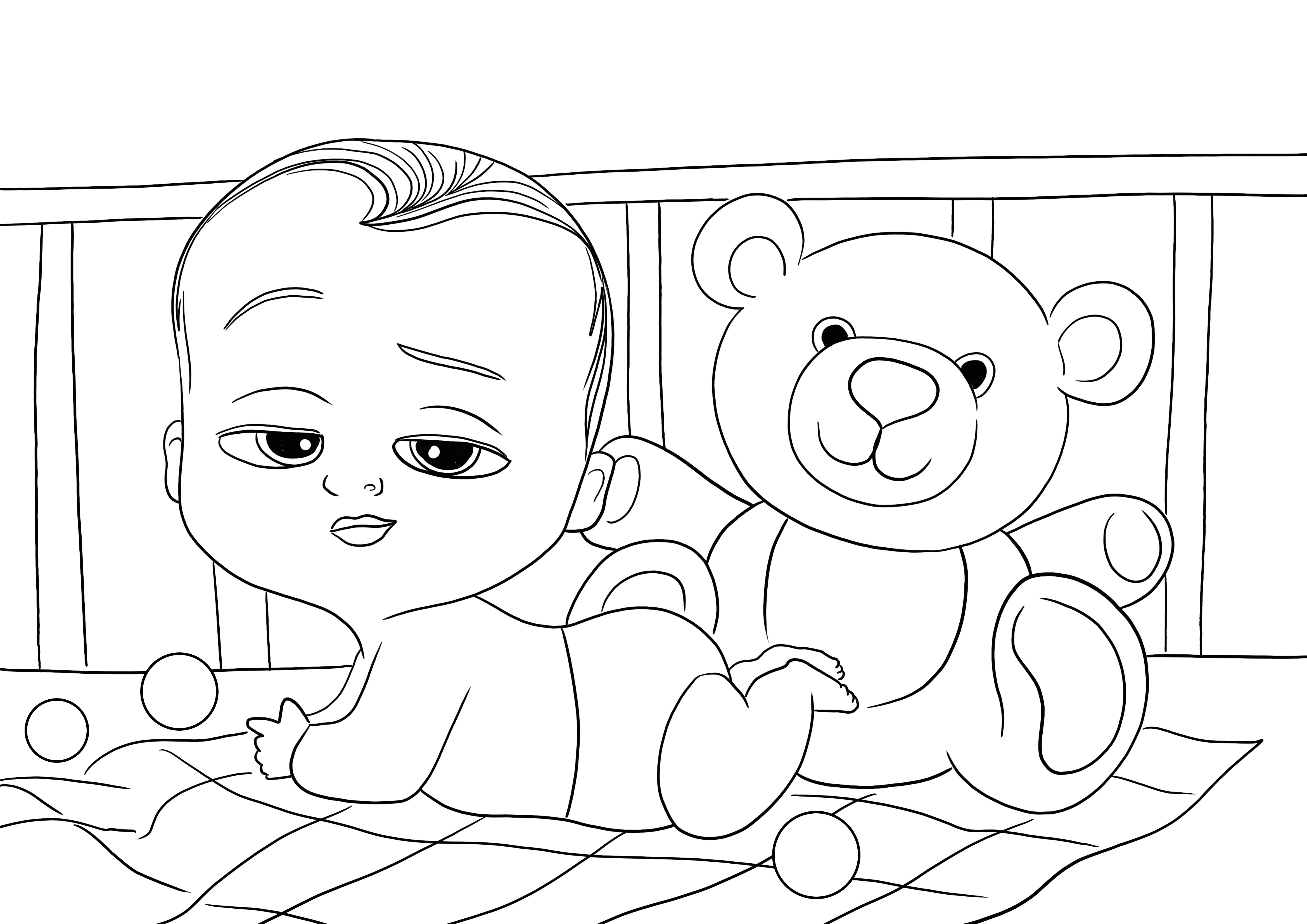 Kostenloses Ausmalbild von Baby Boss und Teddybär zum Ausmalen herunterladen