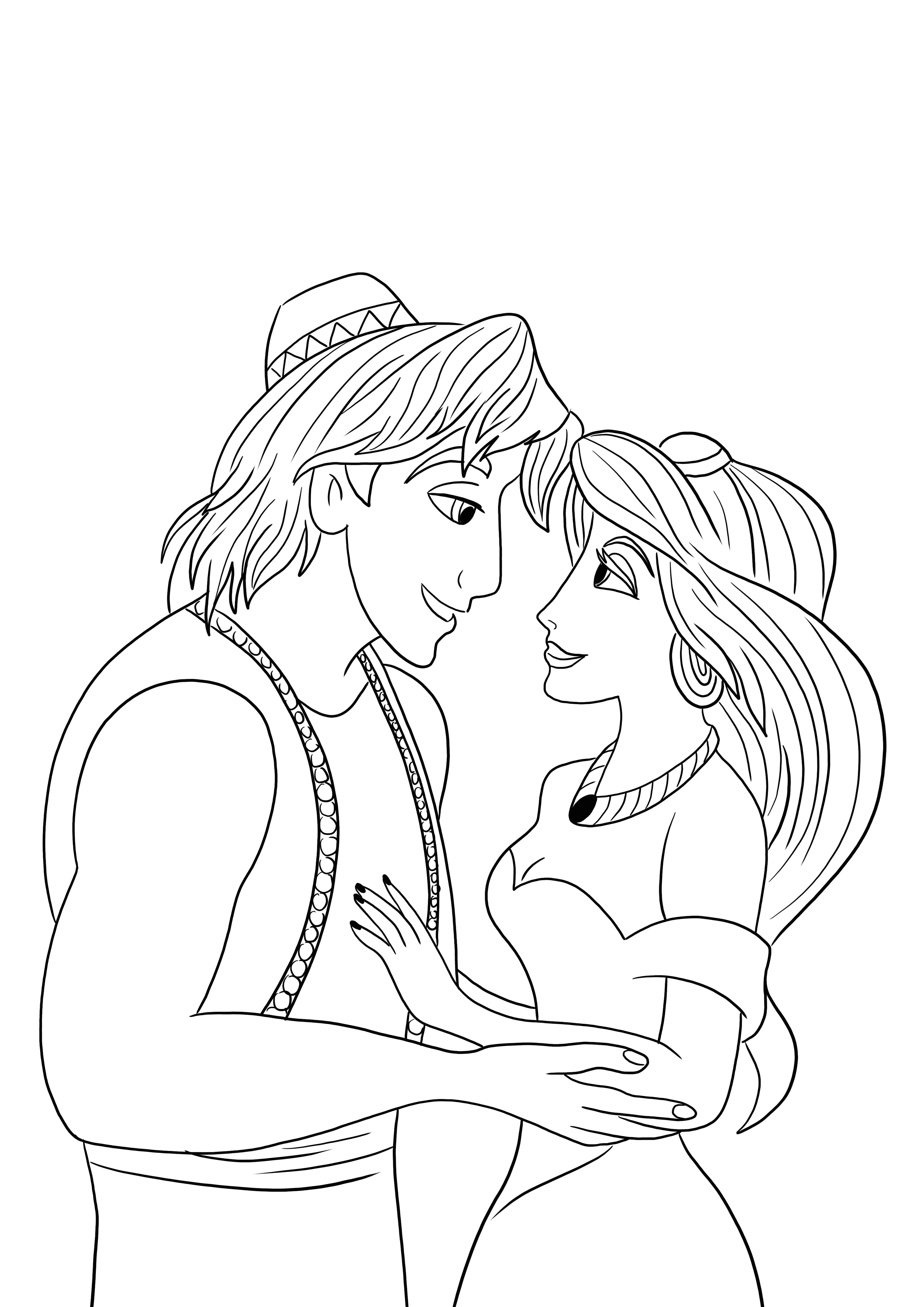 Princesa Jasmine e Aladdin página fácil para colorir e imprimir