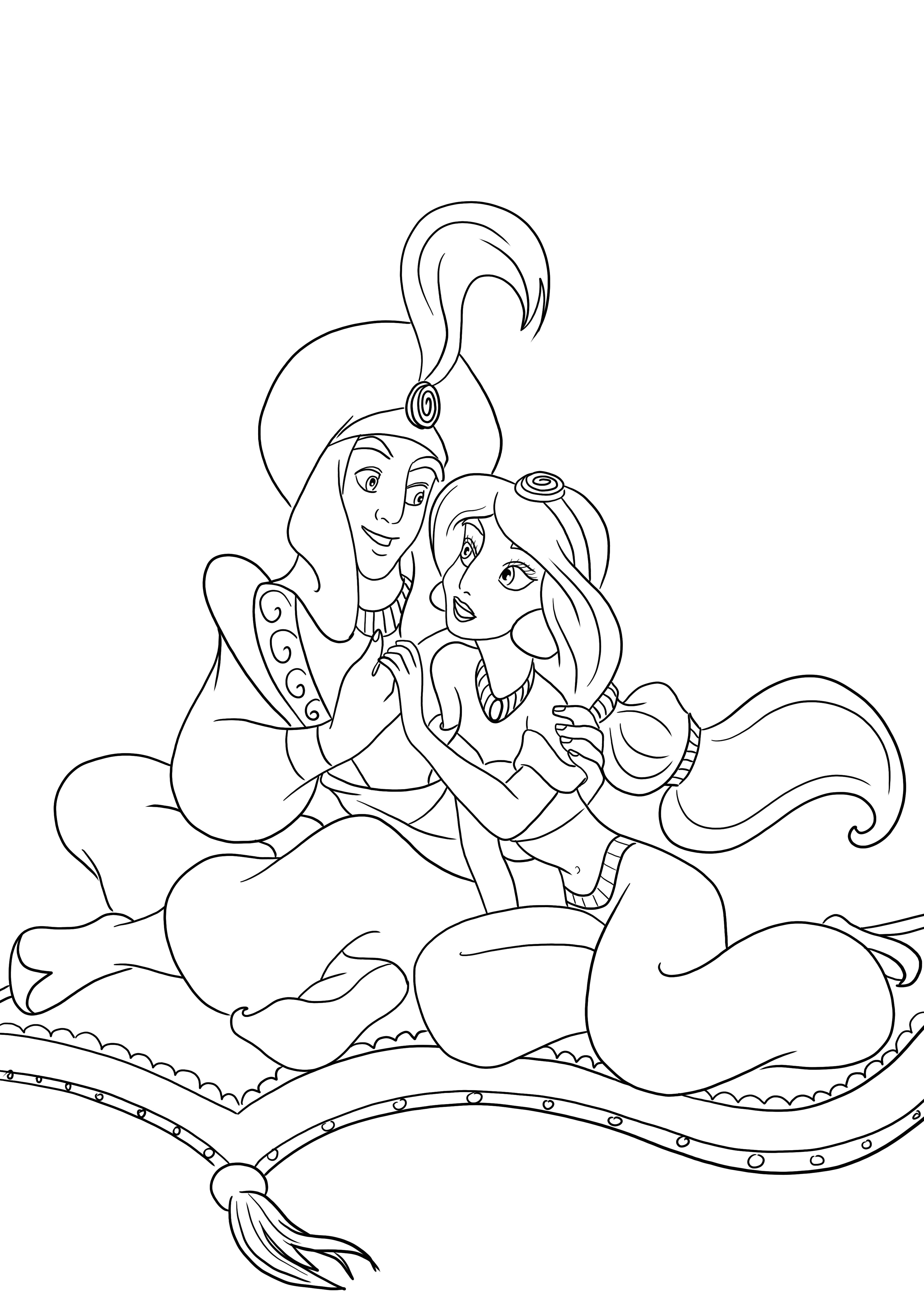Aladdin en Jasmine zijn verliefd en klaar om gratis te kleuren en te printen kleurplaat
