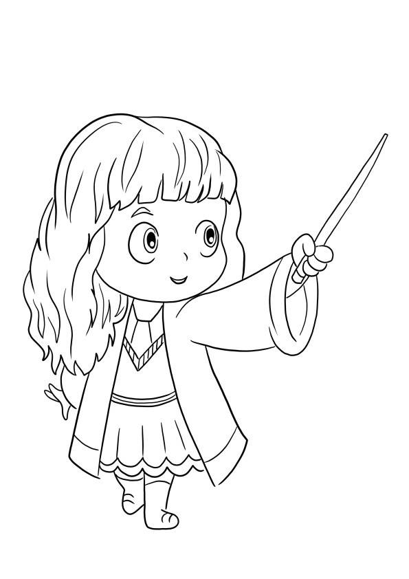 Jolie Hermione pointant la baguette pour impression et coloriage gratuits pour les enfants