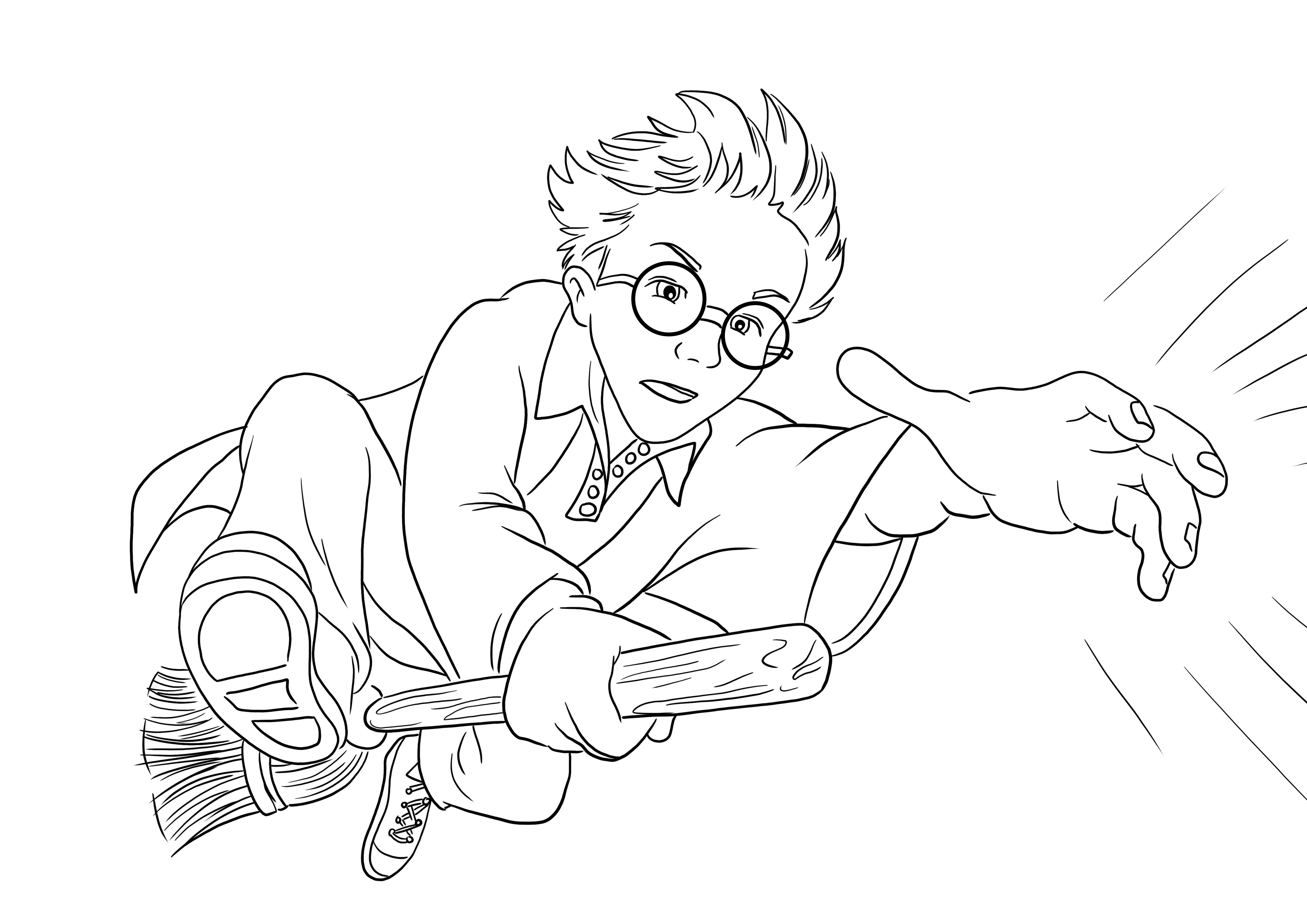 Harry Potter is on a flying broom-free printable ready for coloring for kids