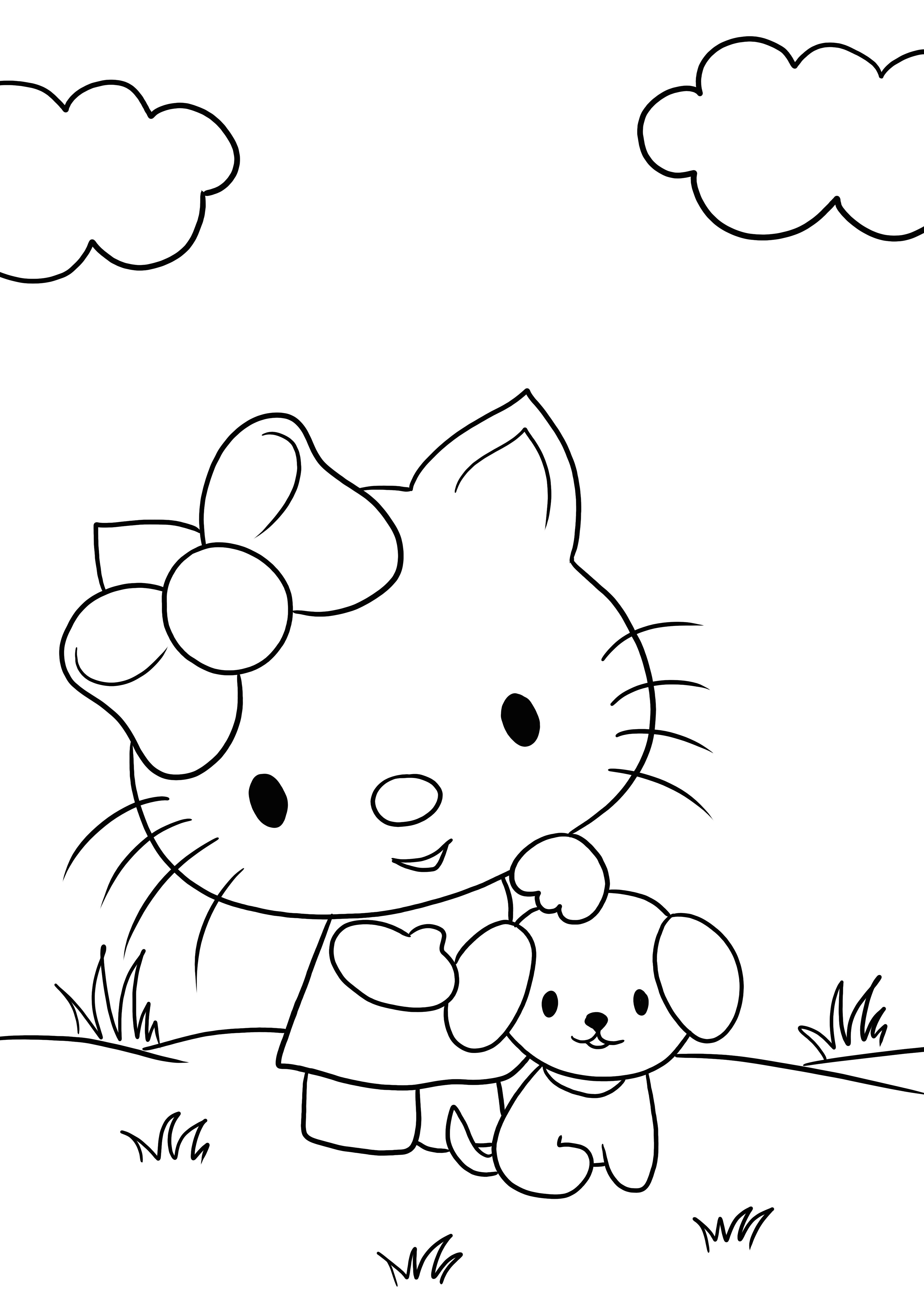 Çocuklar için boyama için Hello Kitty ve küçük köpek yavrusu olmadan yazdırılabilir