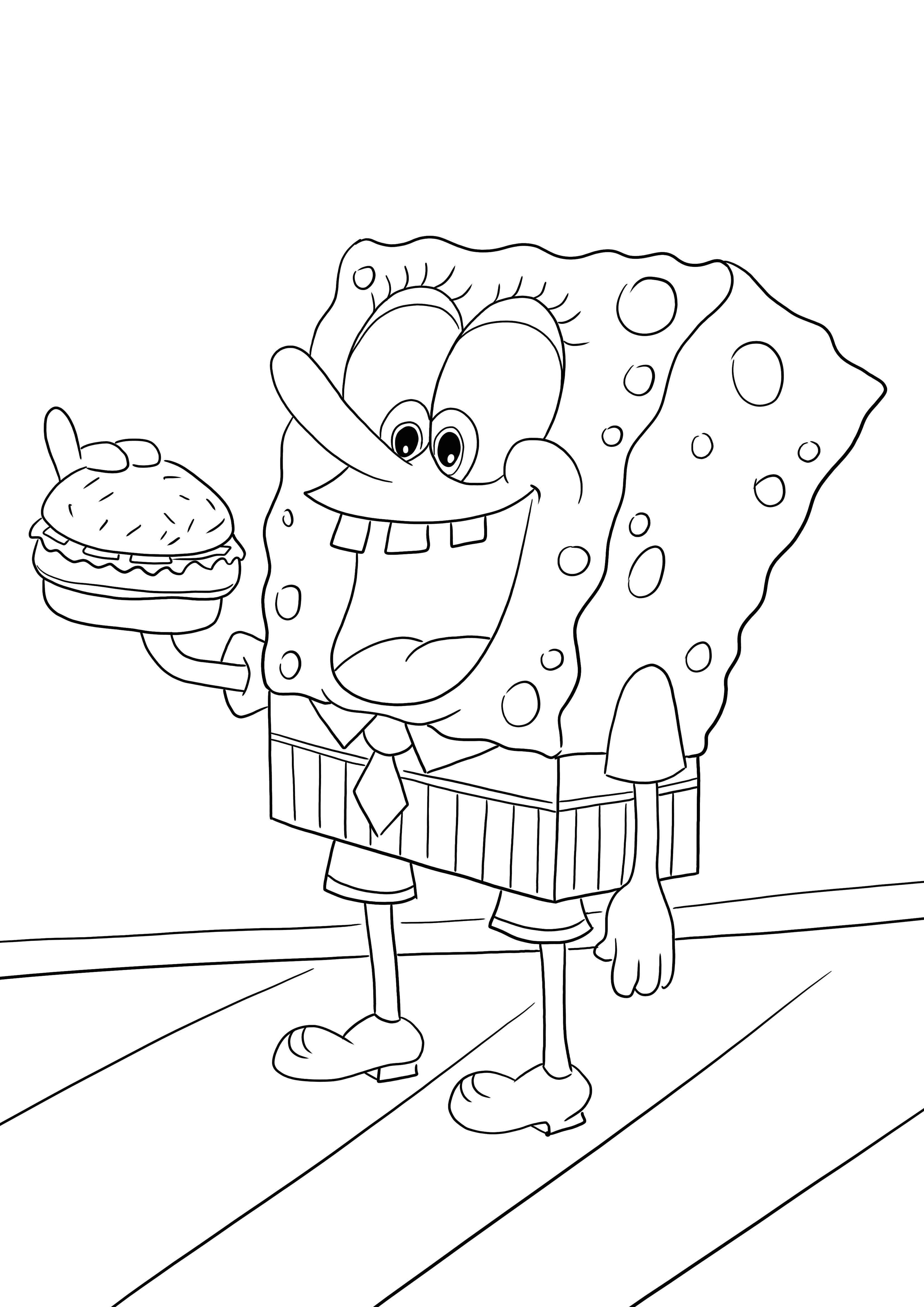 Sponge Bob eet een hamburger om te downloaden en in te kleuren voor een gratis pagina kleurplaat