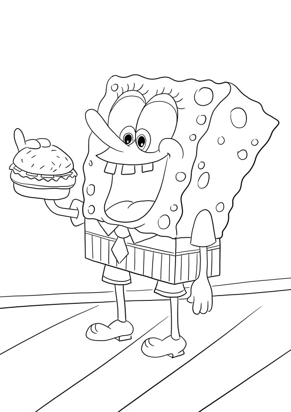Sponge Bob eating a hamburger to download and color for free page