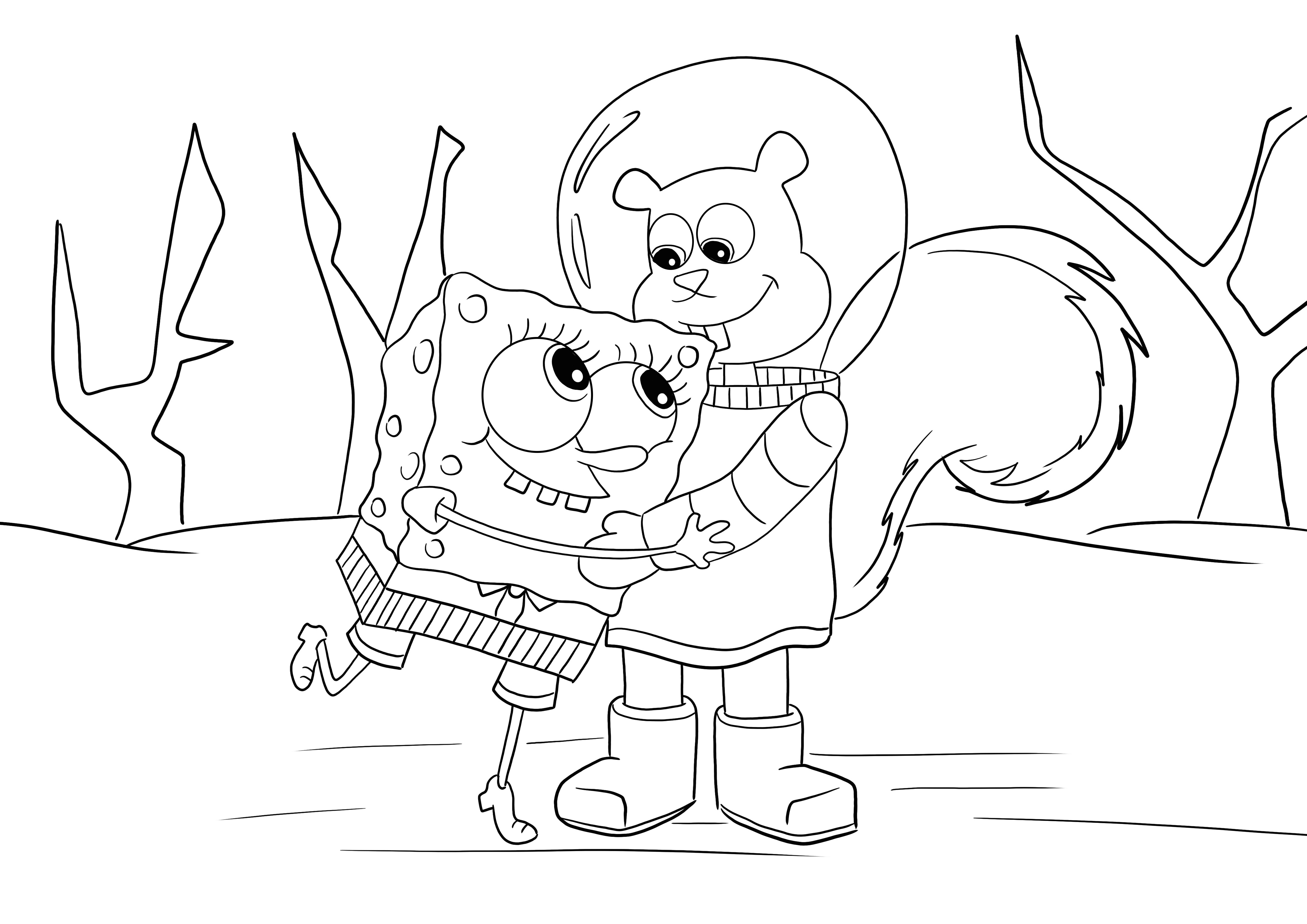 Free printable image of Sponge Bob and Sandy Chick to color for kids