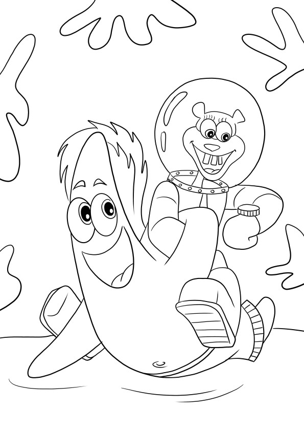 Sandy Chicks et Patrick nageant sous l'eau gratuitement à imprimer et à colorier pour les enfants