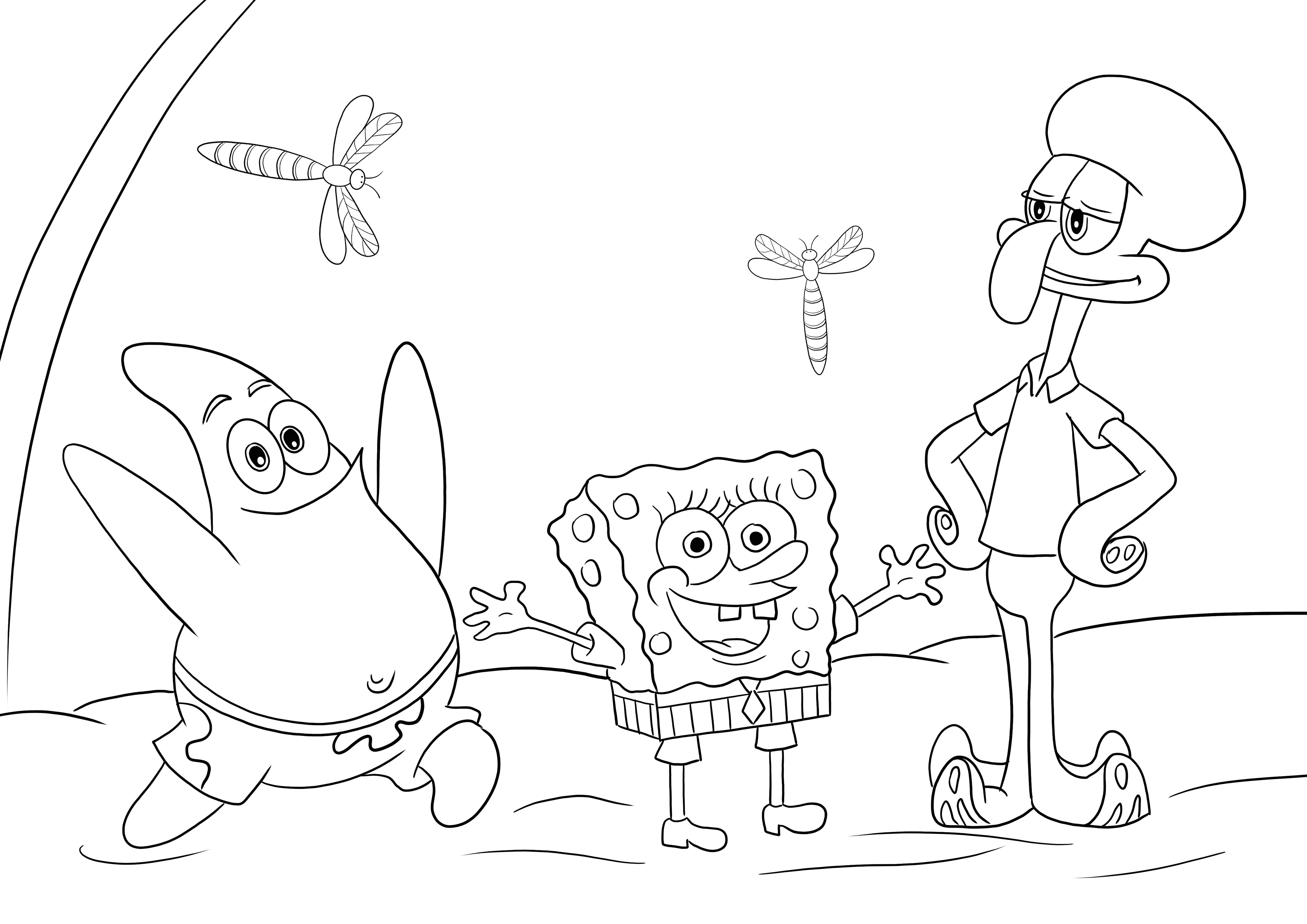 Sponge Bob-Patrick Star-Squidward ilmaisen kuvan värittämiseen ja tulostamiseen