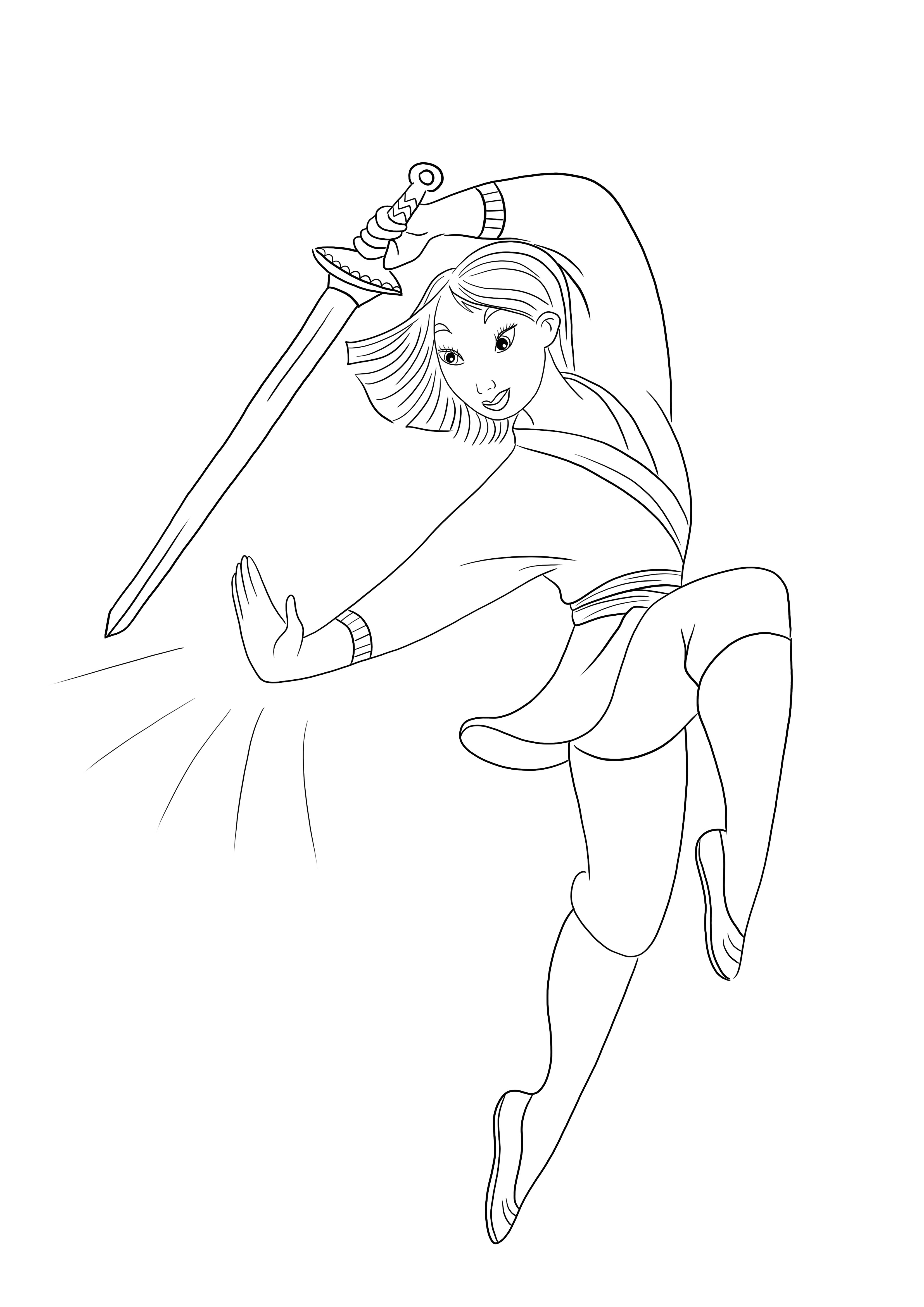 Cetak Putri Mulan dan pedang yang mudah dan gratis untuk diwarnai untuk anak-anak