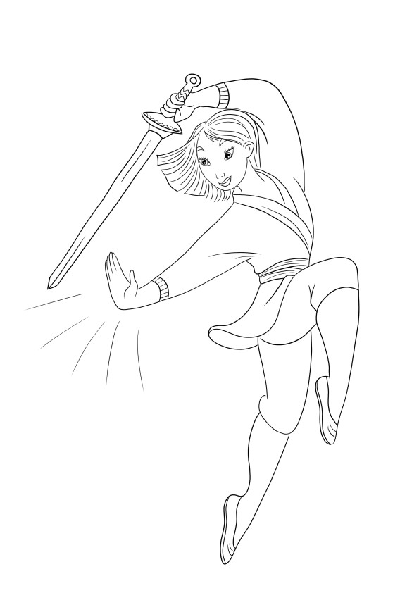 Easy and free printable of Princess Mulan and the sword to color for kids