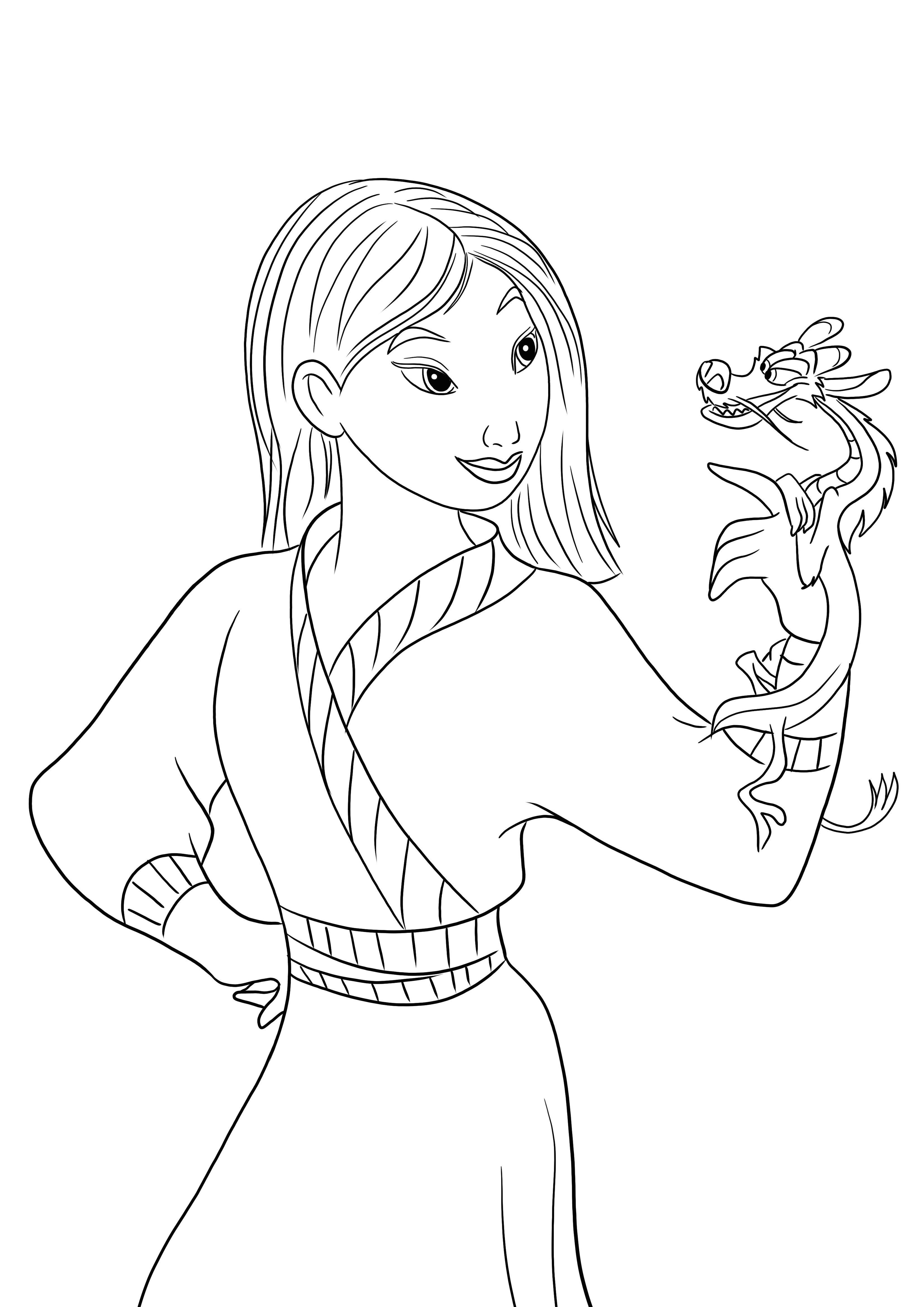 Here is a free coloring image of Mulan and Mushu to print or download