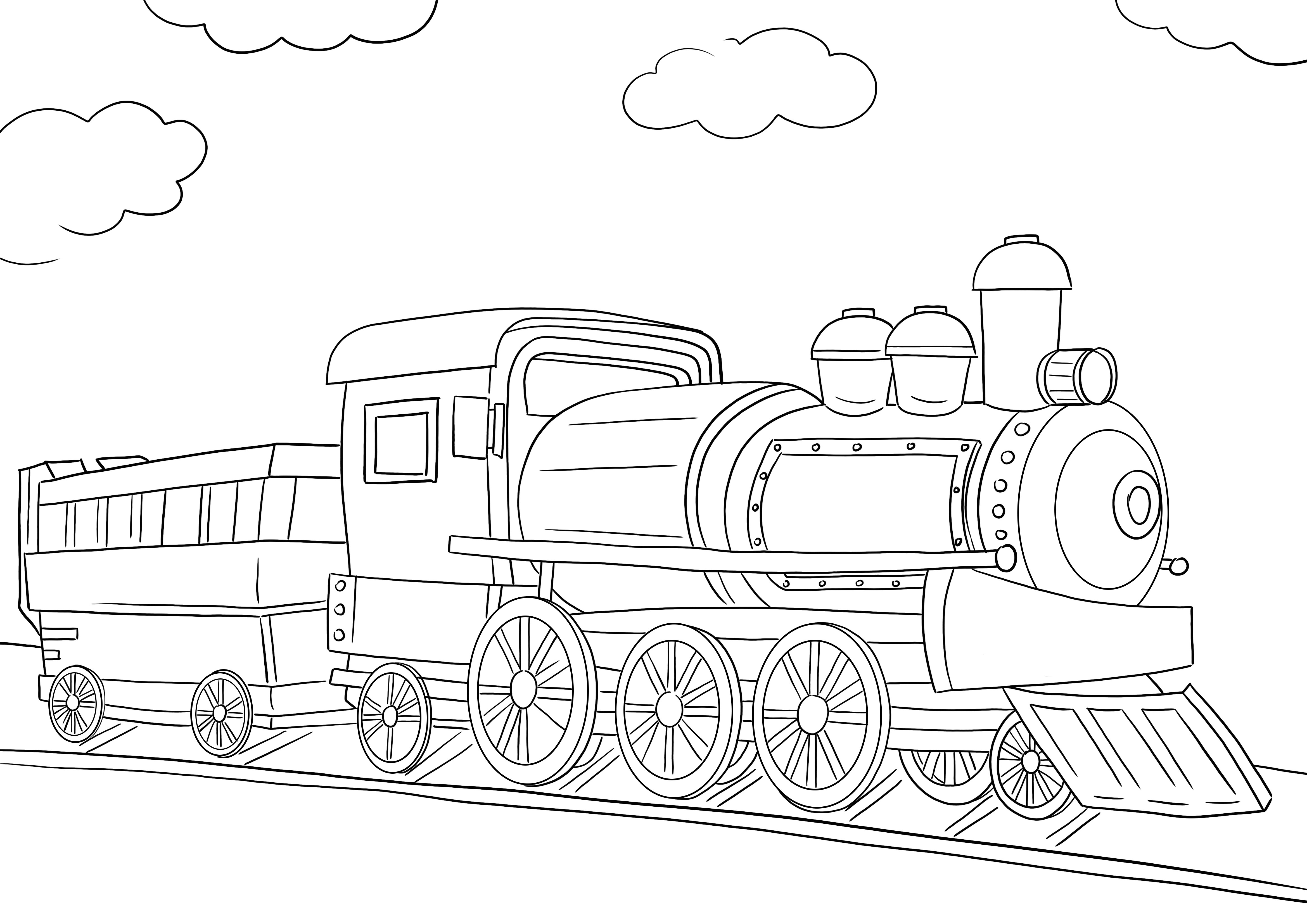 Een gratis te gebruiken kleurafbeelding van de locomotief van een trein om af te drukken of te downloaden kleurplaat