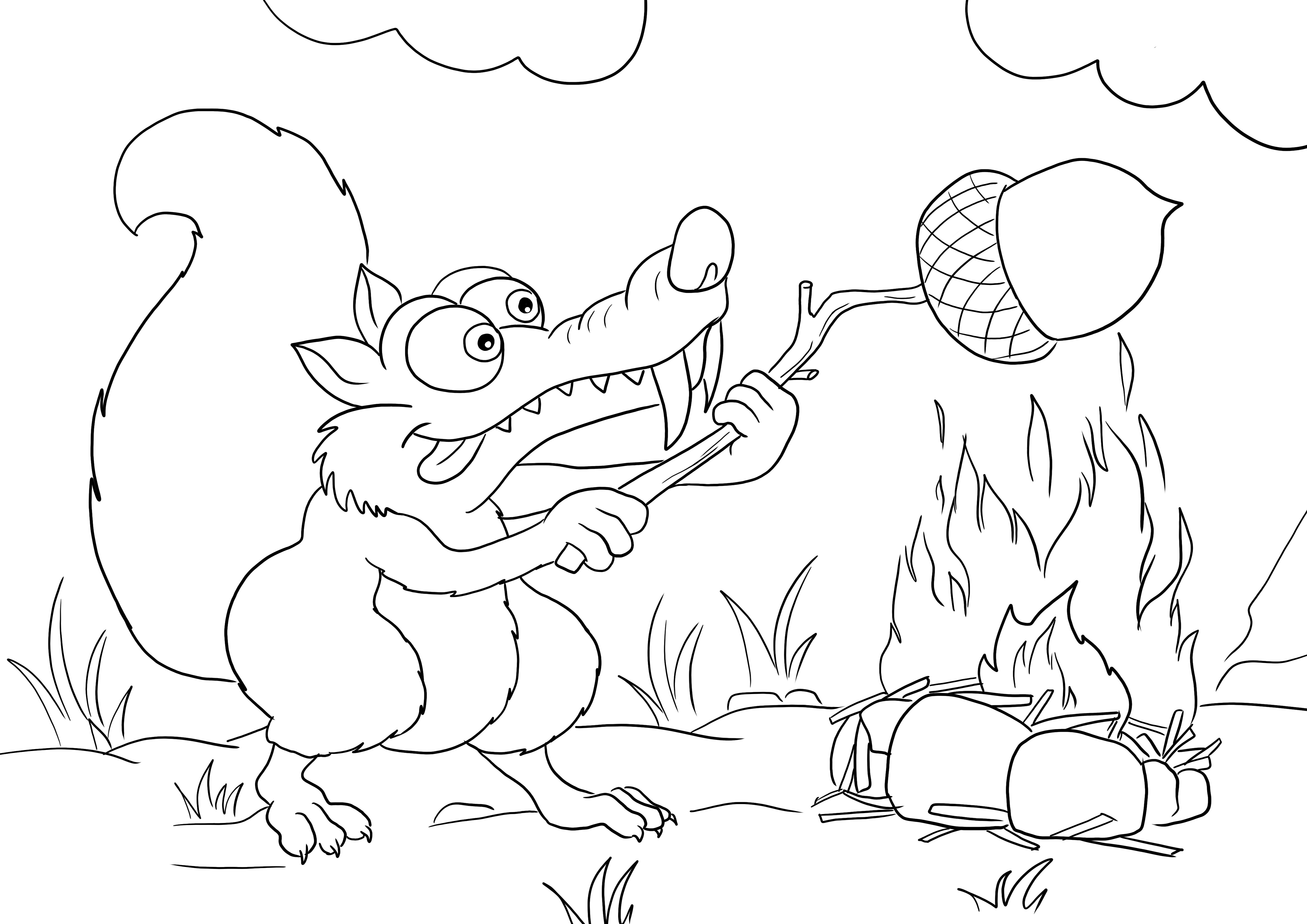Scrat the Squirrel cooking his acorn-free printable for coloring picture