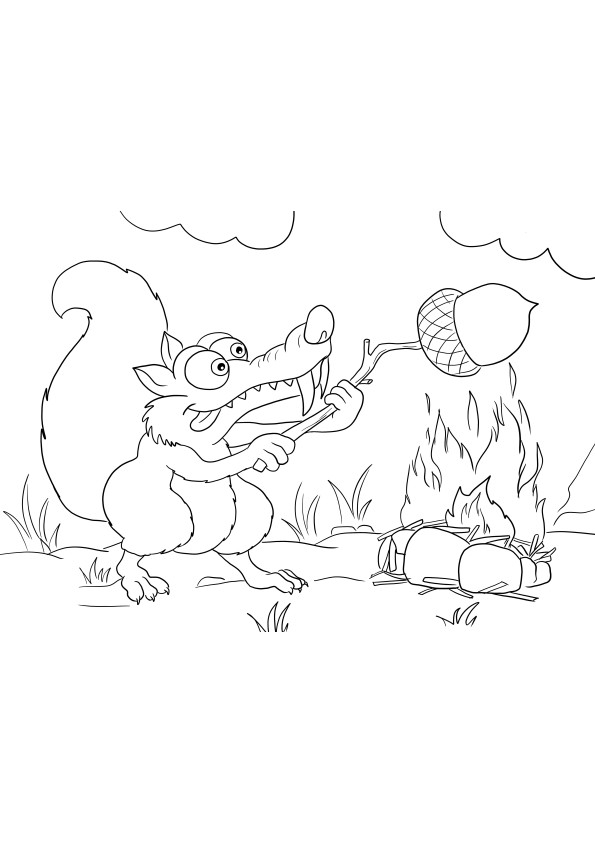 Scrat the Squirrel cooking his acorn-free printable for coloring picture