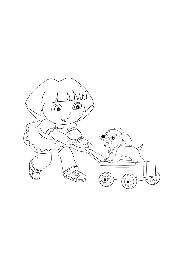 Une image à colorier de Dora tirant une charrette avec un chiot à télécharger gratuitement