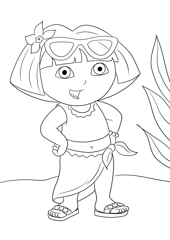 Aquí hay una página para colorear gratis de Dora lista para la playa para descargar o imprimir