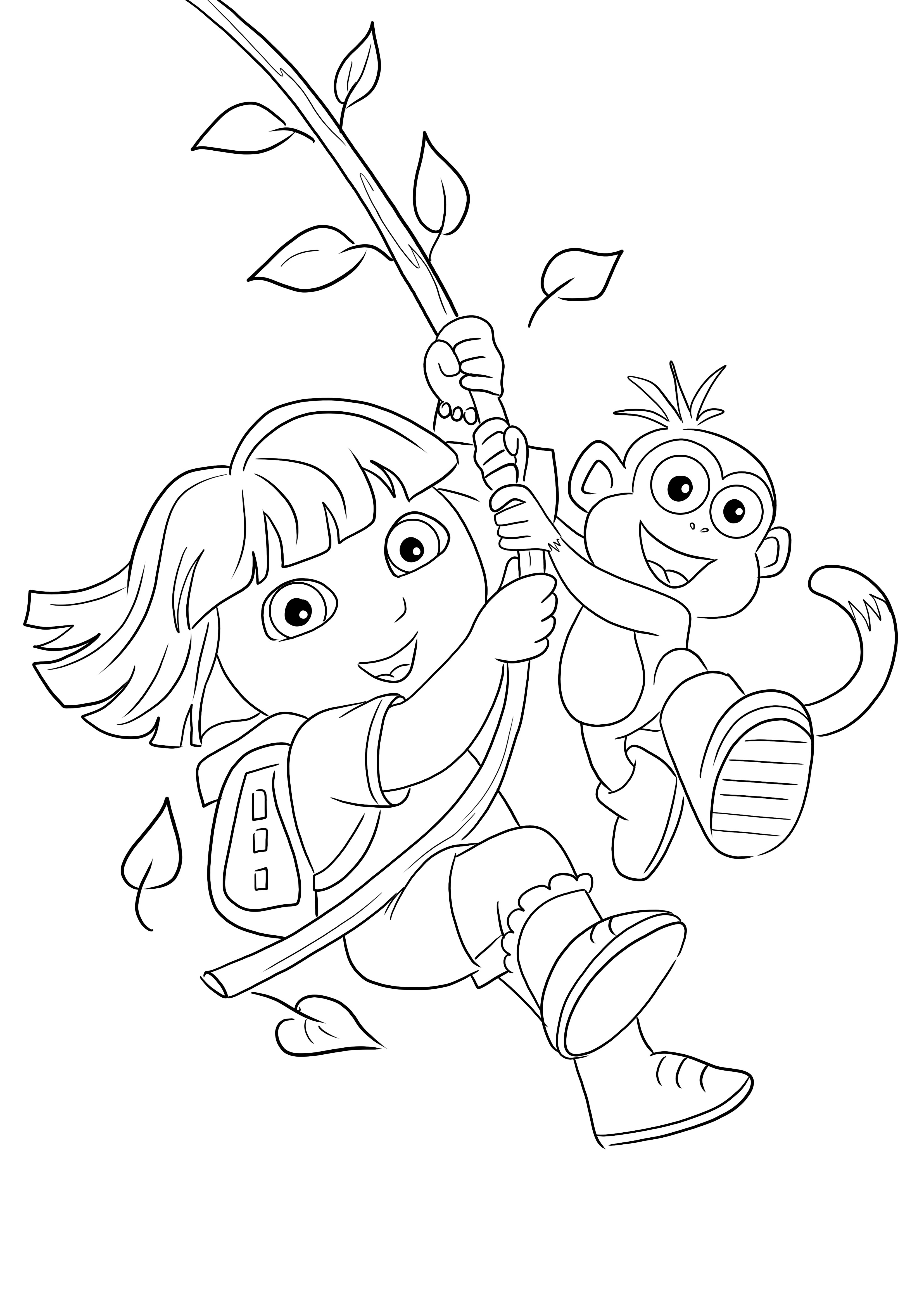 Imagen de Dora y Boots volando en la rama de un árbol para colorear e imprimir gratis