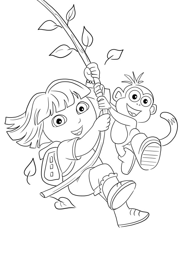 Dora and Boots flying on a tree branch for coloring and free printing image