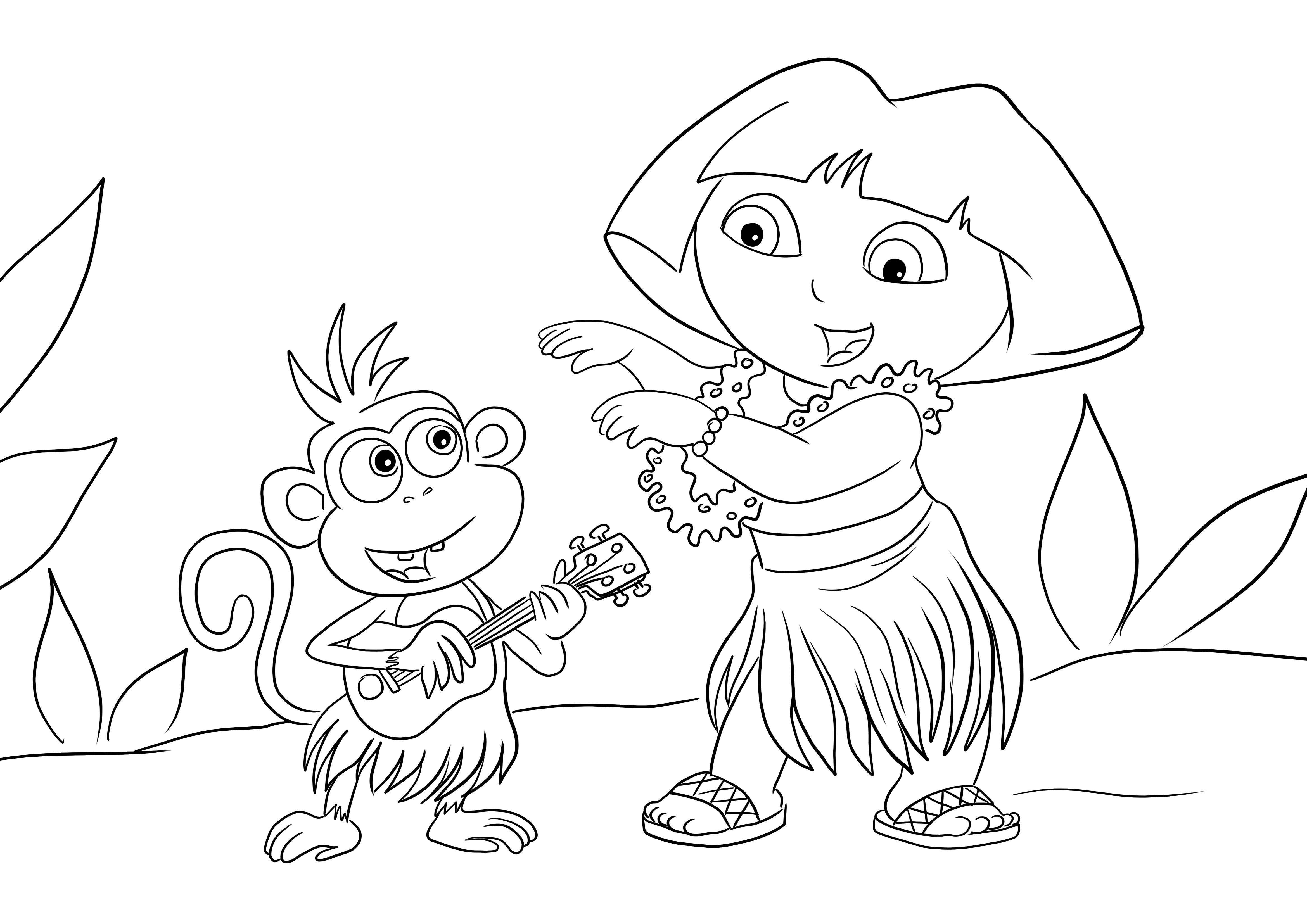 Aquí está nuestra página para imprimir gratis de Dora y Boots cantando y bailando para colorear para niños